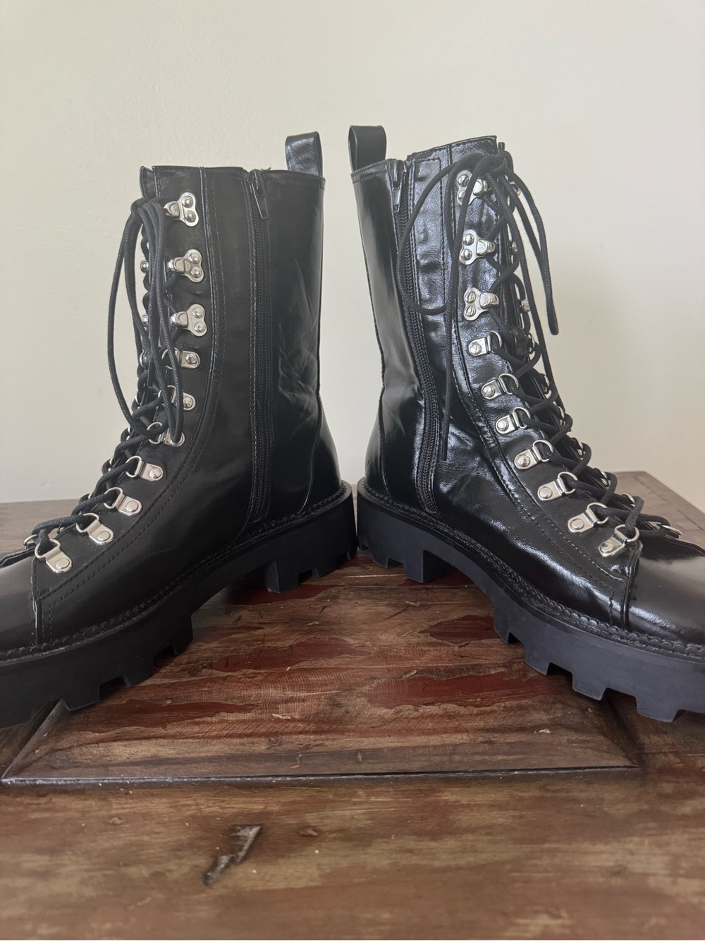 Bershka black lace up side zip chunky lug sole combat moto boots women’s 9 - Picture 5 of 8